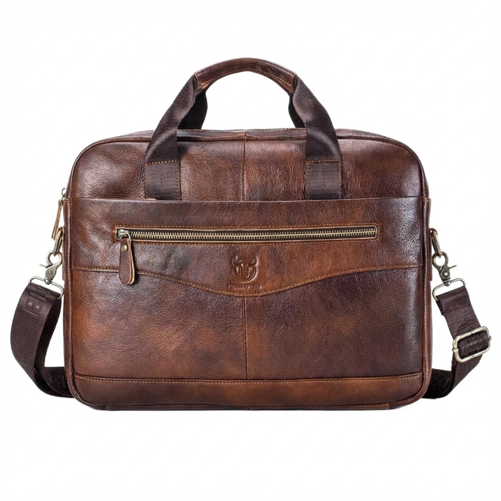 Brown leather briefcase with a shoulder strap on a white background