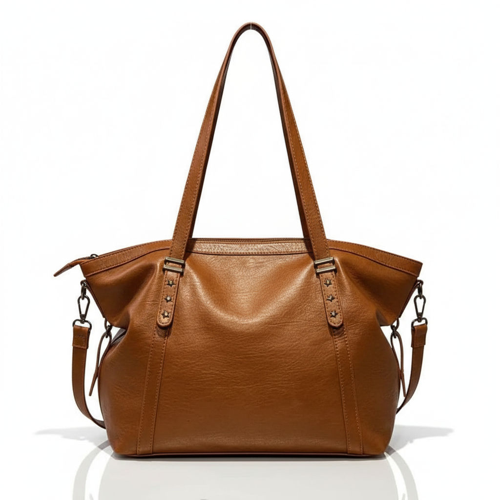 Brown leather handbag with gold accents on a white background