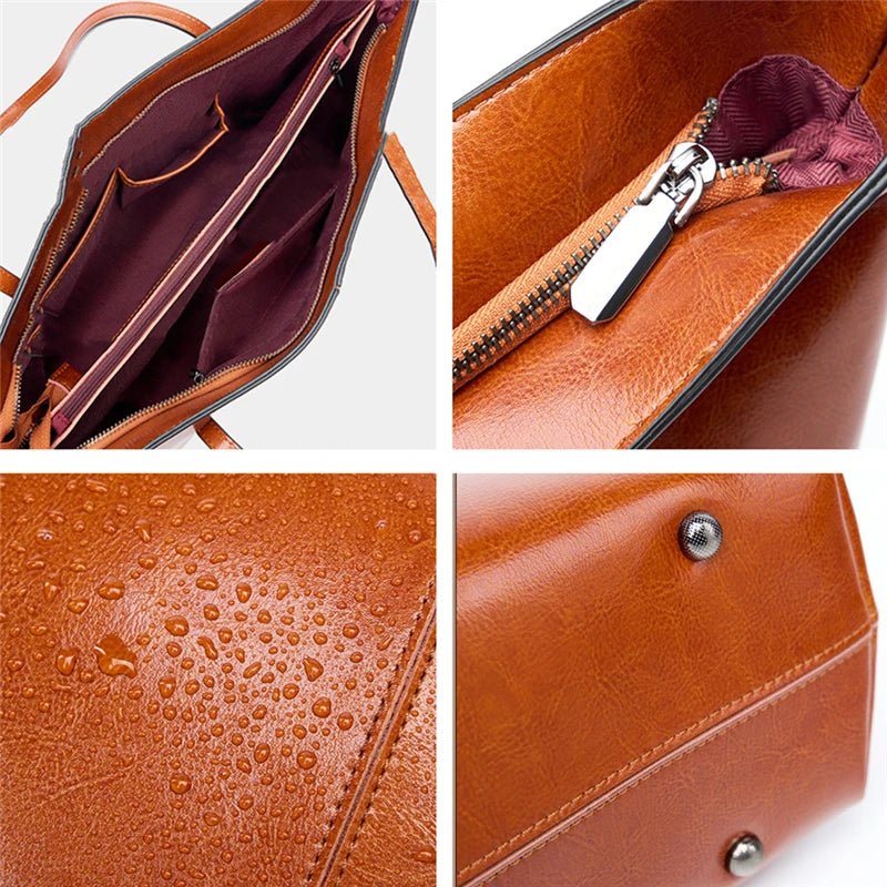 Brown leather handbag with interior, zipper, water resistance, and metal detail close-up on a white background.