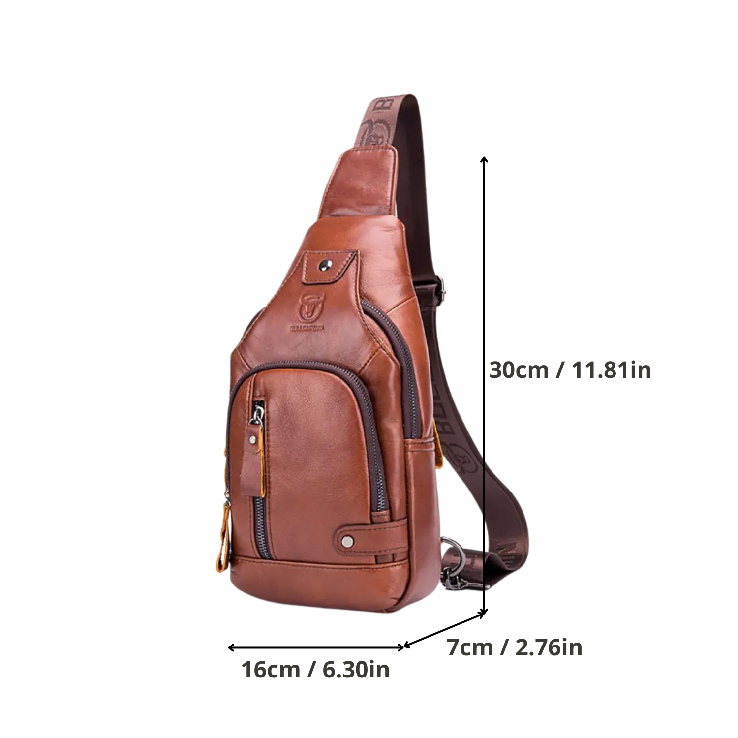 Brown leather sling bag on a white background measurement included