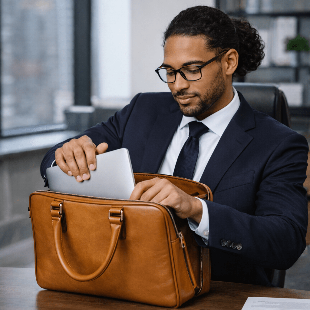 Man in a suit and glasses opening a brown leather briefcase in an office setting.