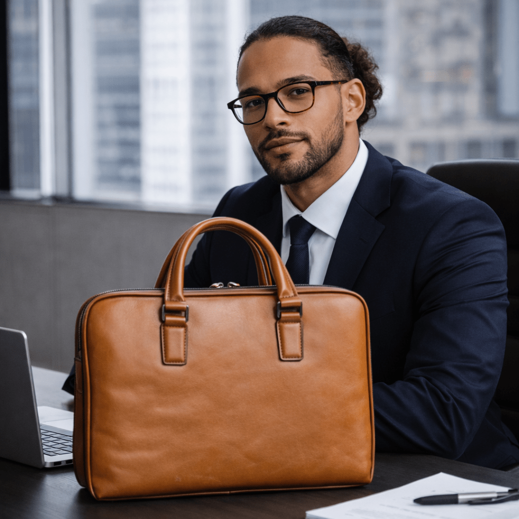 Man in a suit sitting at a desk with a brown leather briefcase and laptop.