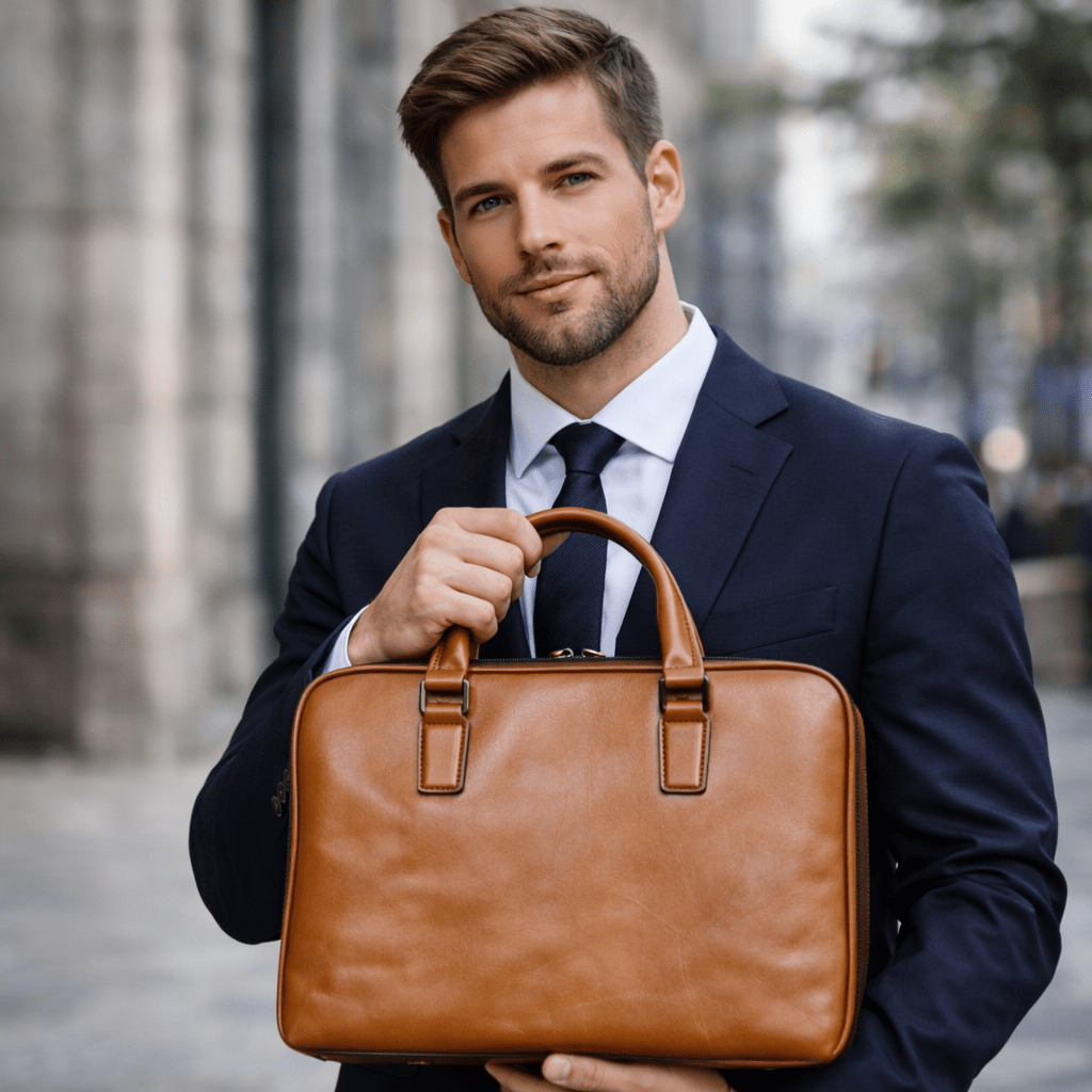 Man in a suit holding a brown leather briefcase on a city street.