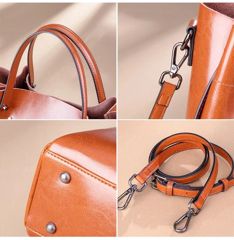 Collage of a brown leather handbag with strap and handle details on a beige background