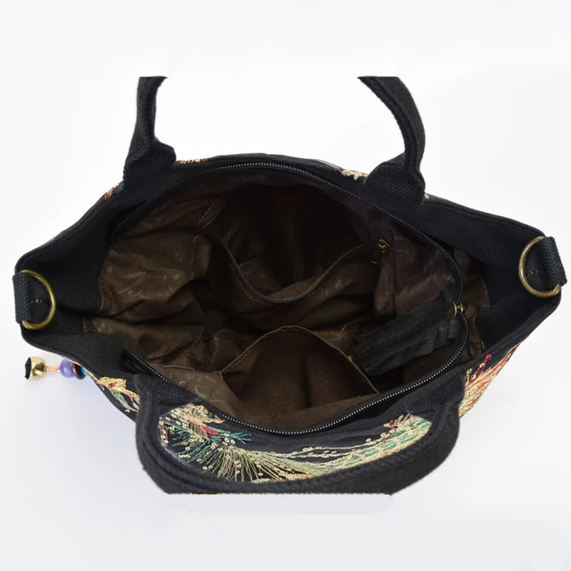 Bohemian Peacock Embroidered Canvas Tote