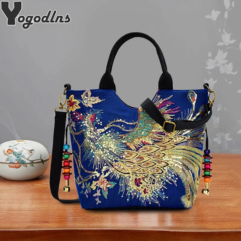 Bohemian Peacock Embroidered Canvas Tote