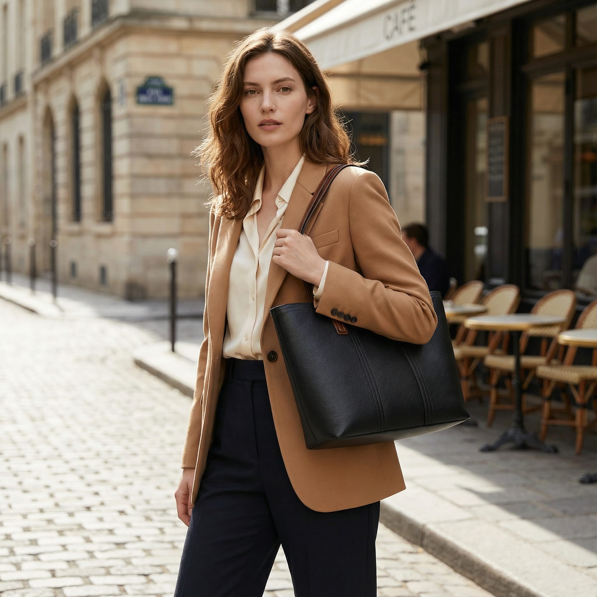 Woman in a brown coat holding a black handbag on a city street.