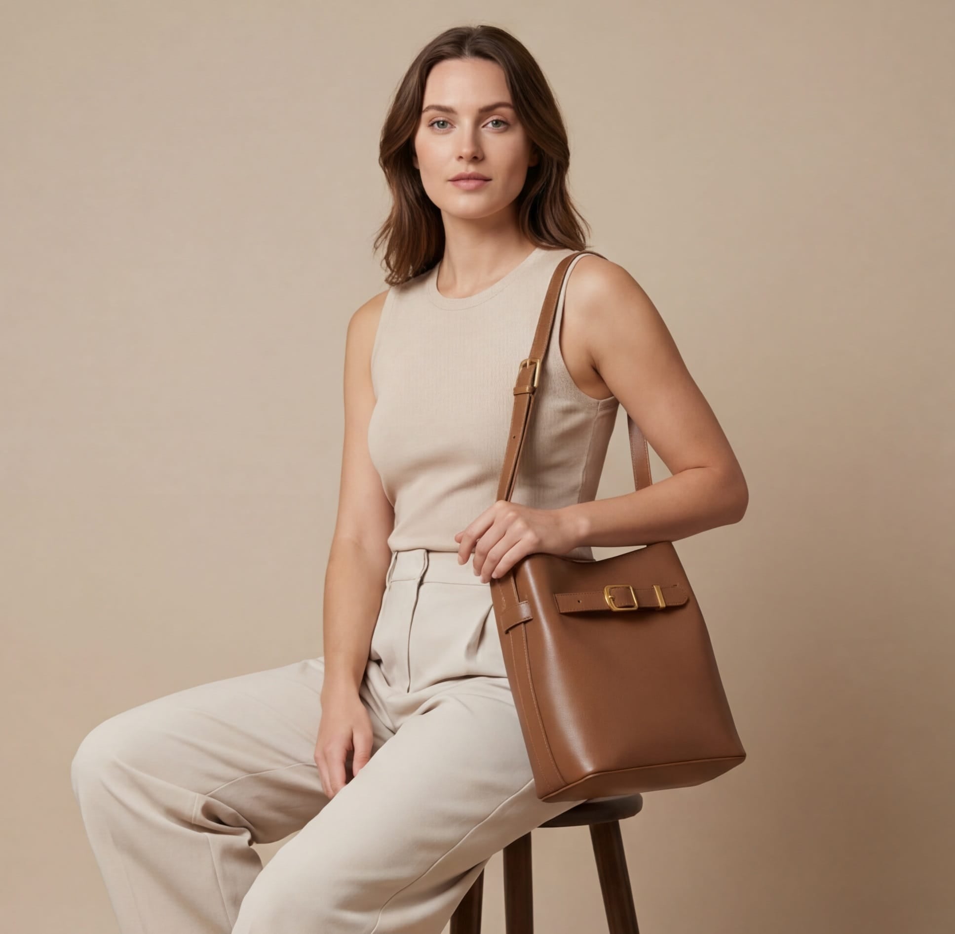 Woman holding a brown leather handbag against a beige background