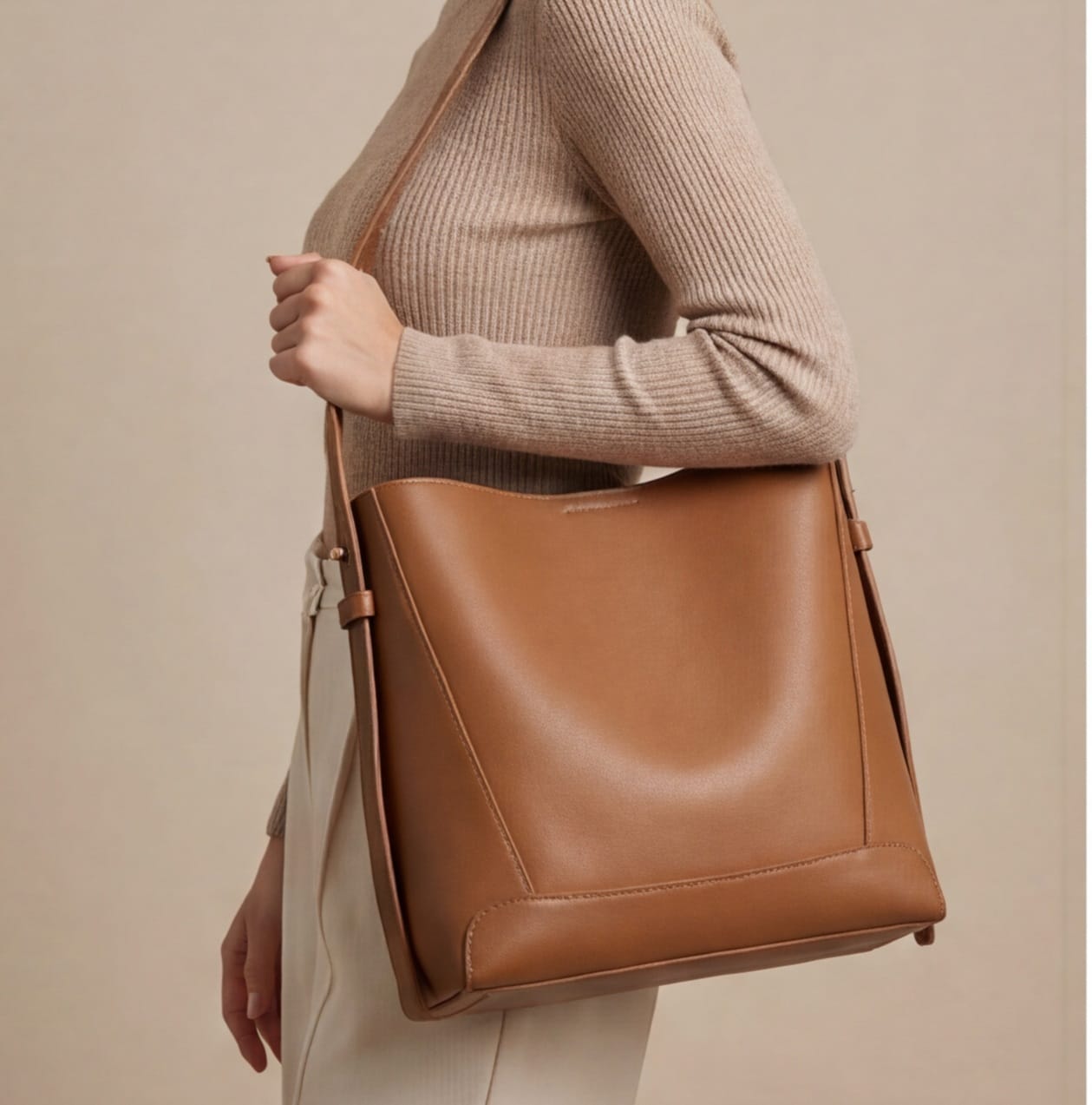 Two-Layer Cow Leather Bucket Shoulder Bag – Large Commuter Tote