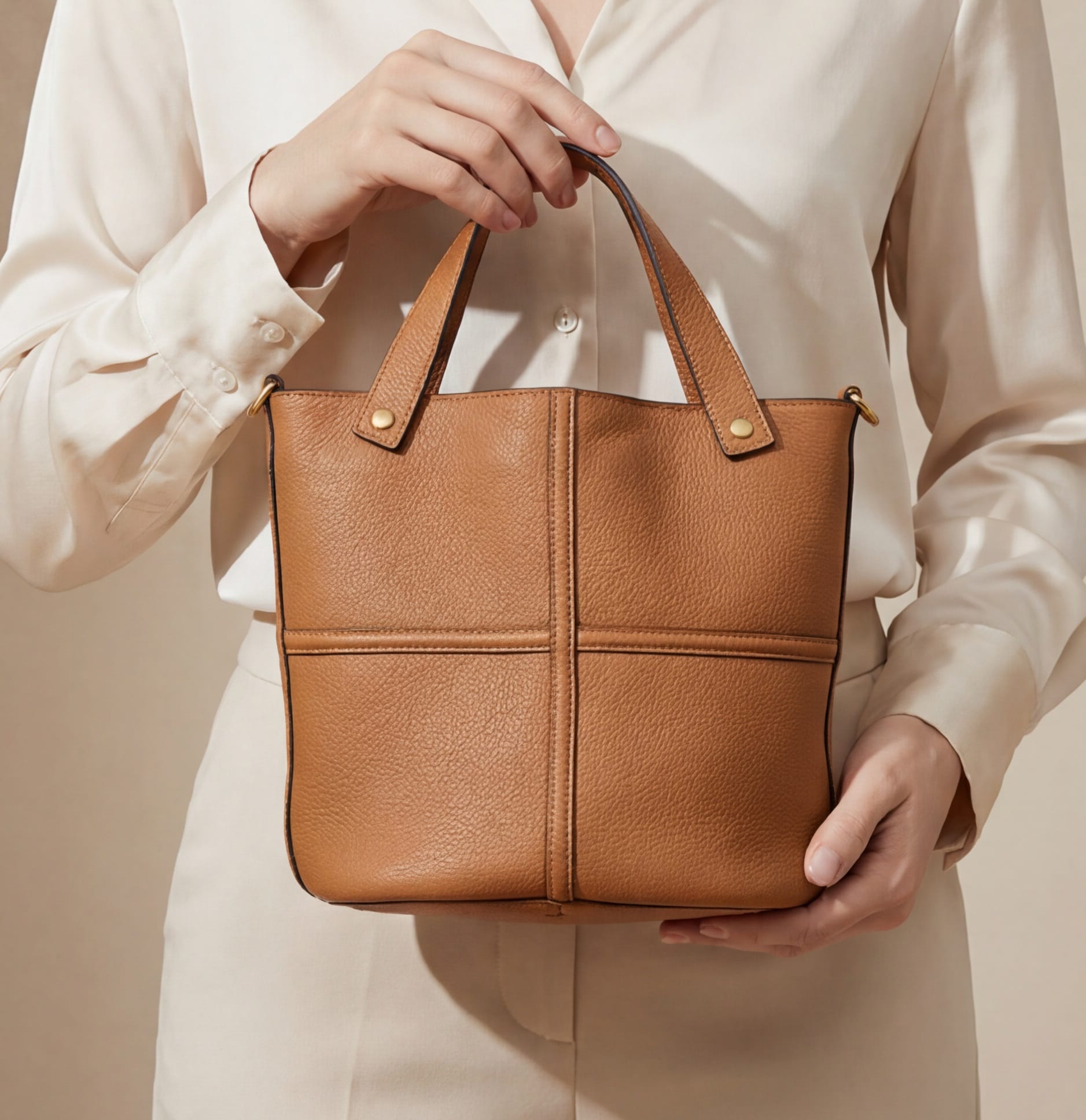 Brown leather handbag held by a person wearing a light-colored shirt and pants.