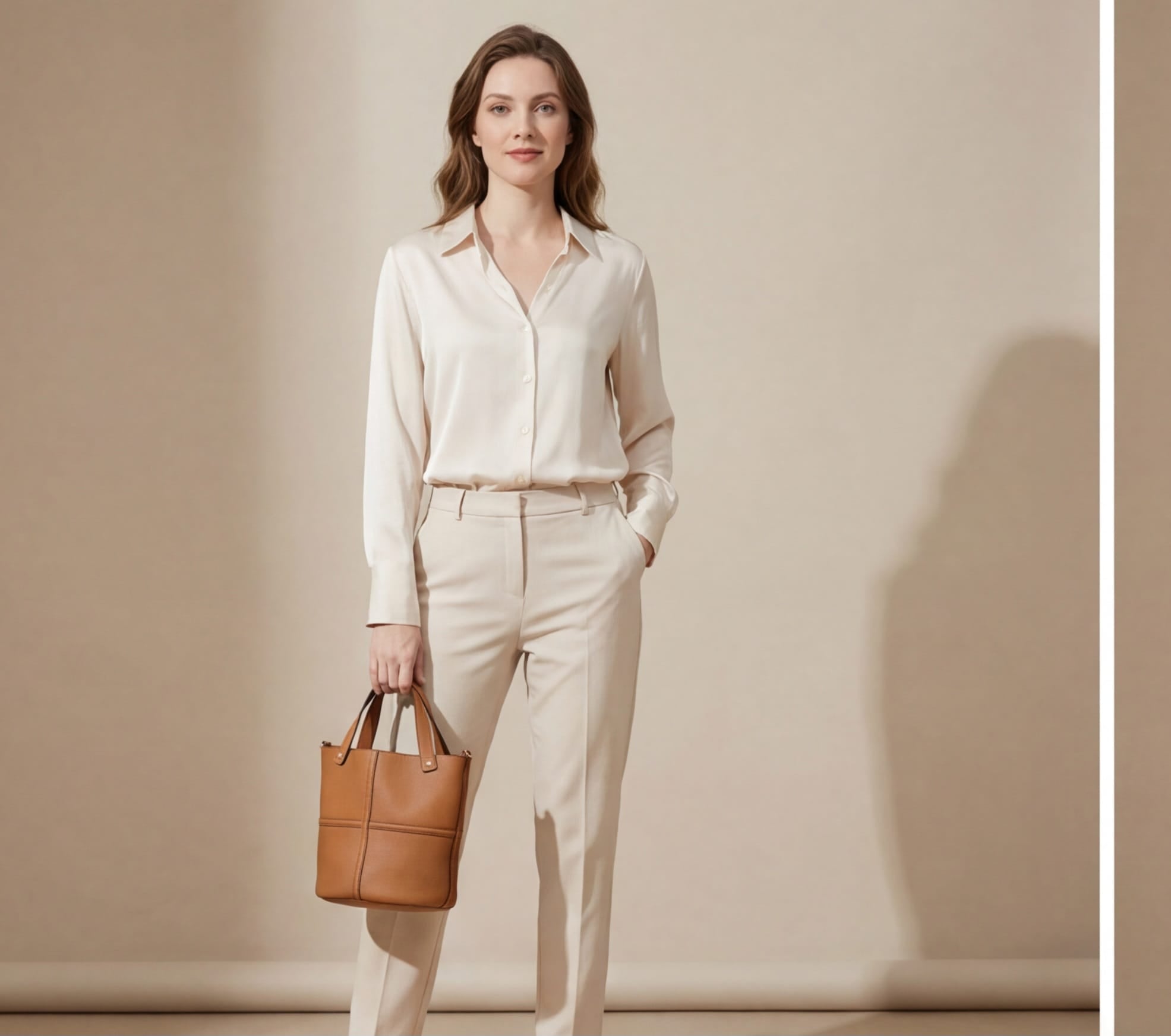 Woman in a beige outfit holding a brown handbag against a plain background