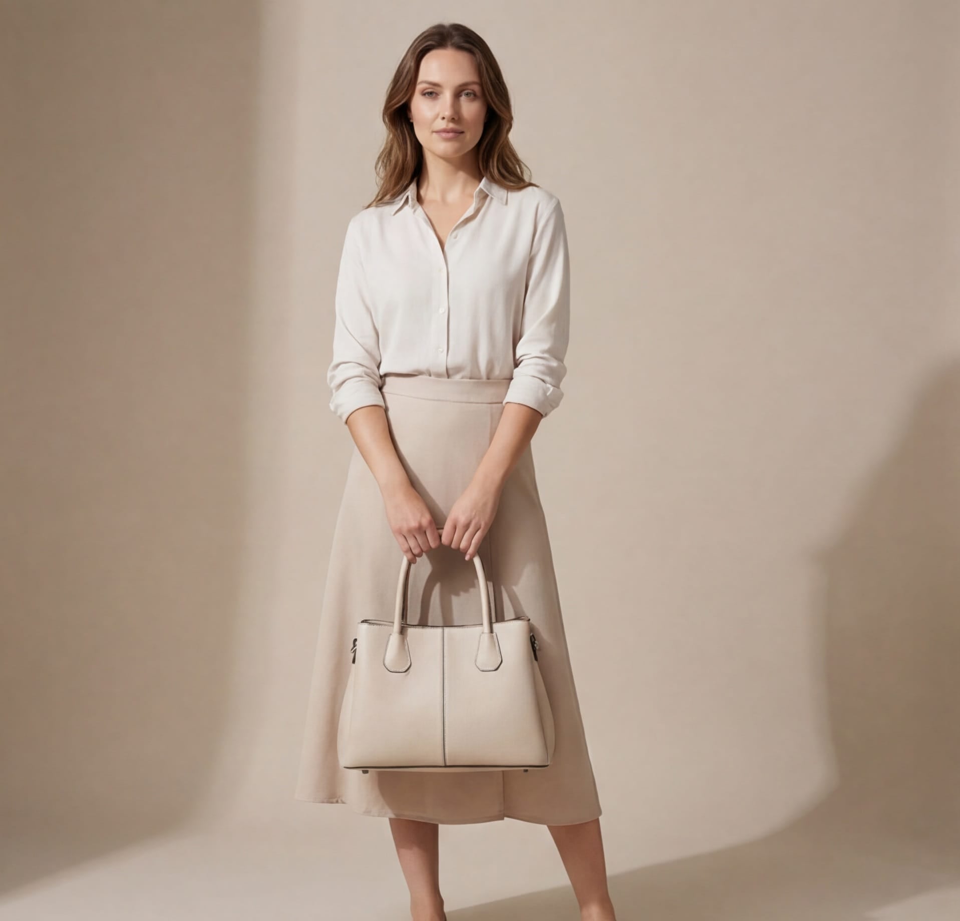 Woman holding a beige handbag against a plain background