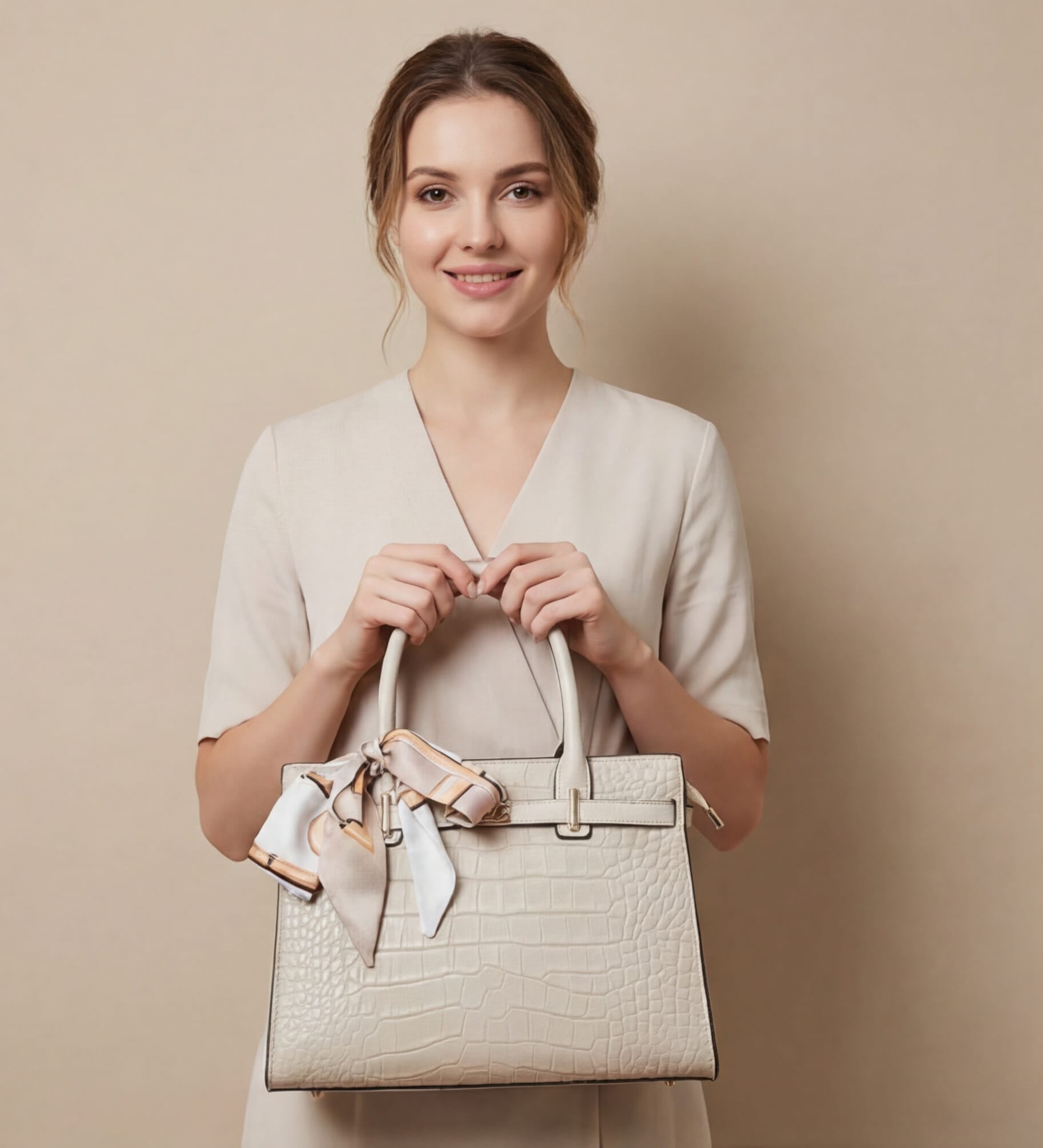 Woman holding a beige handbag against a beige background