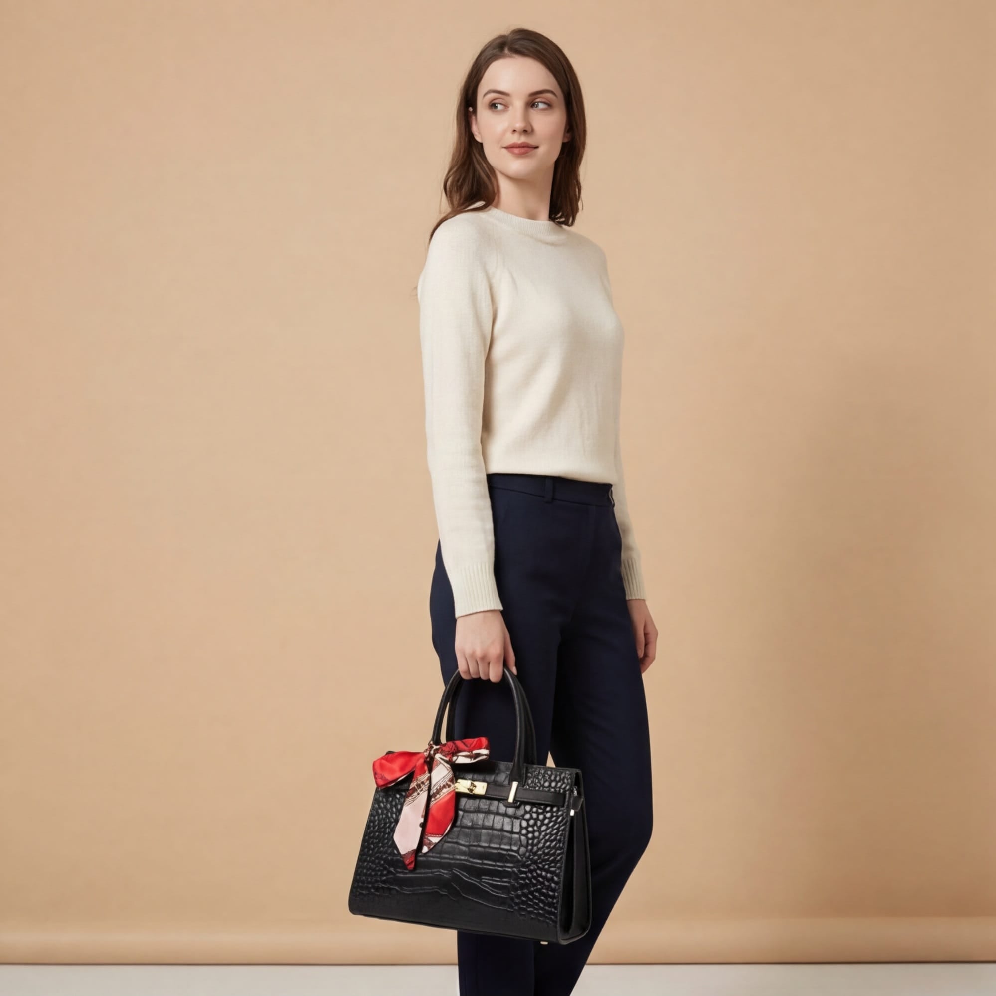 Woman holding a black handbag with a red scarf against a beige background