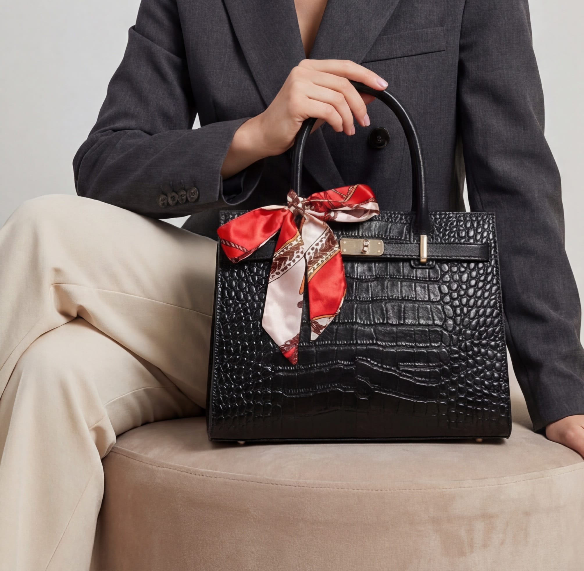 Person holding a black handbag with a red and gold scarf, wearing a dark blazer and beige pants.