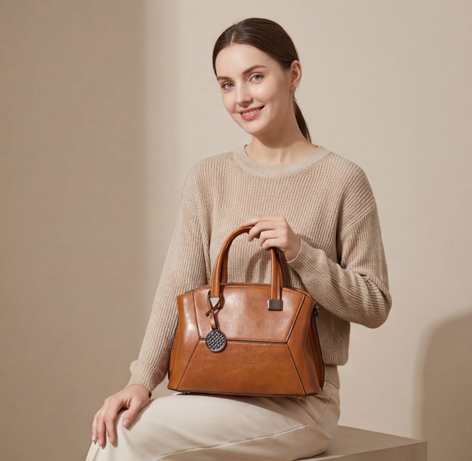 Woman holding a brown leather handbag against a beige background