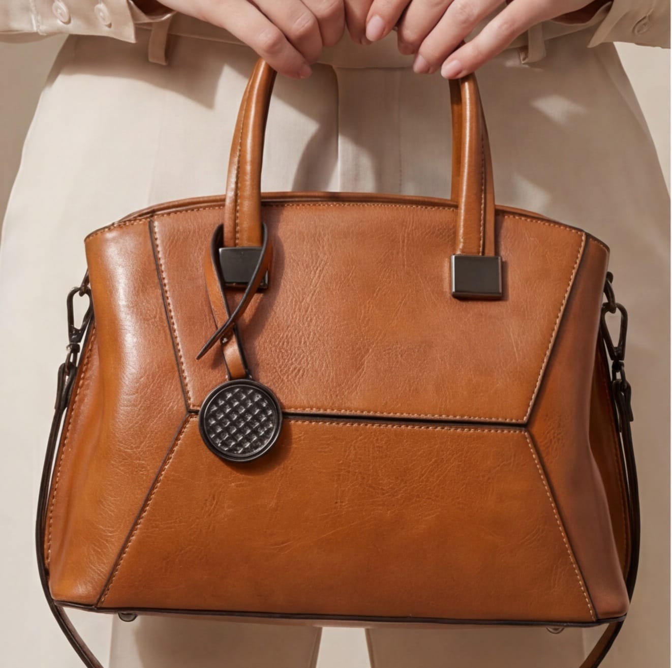 Brown leather handbag held by a person against a neutral background