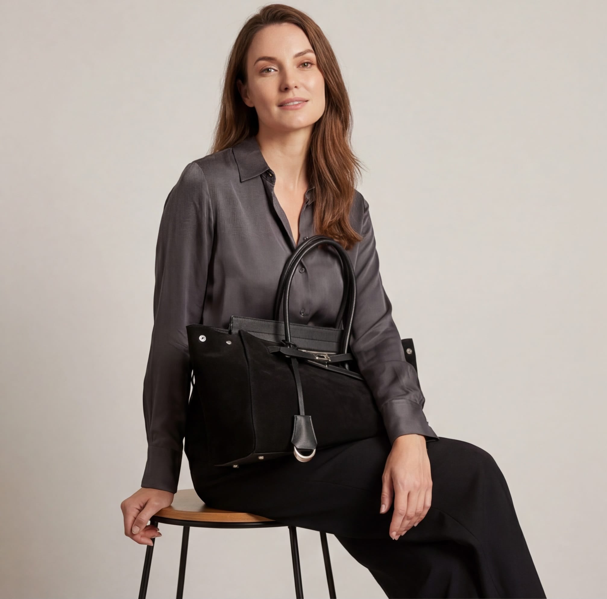 woman sitting on stool holding black suede tote bag with lock detail