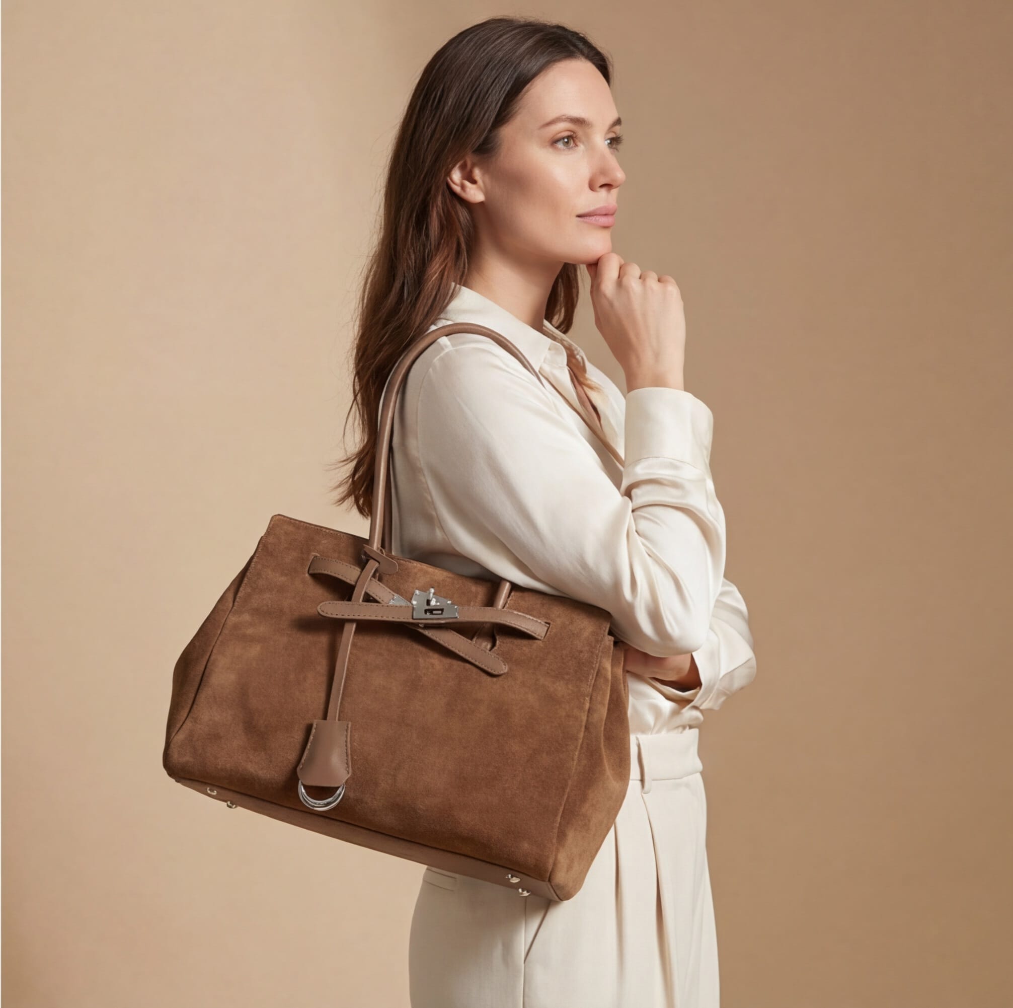 woman wearing beige outfit holding brown suede leather tote bag on shoulder