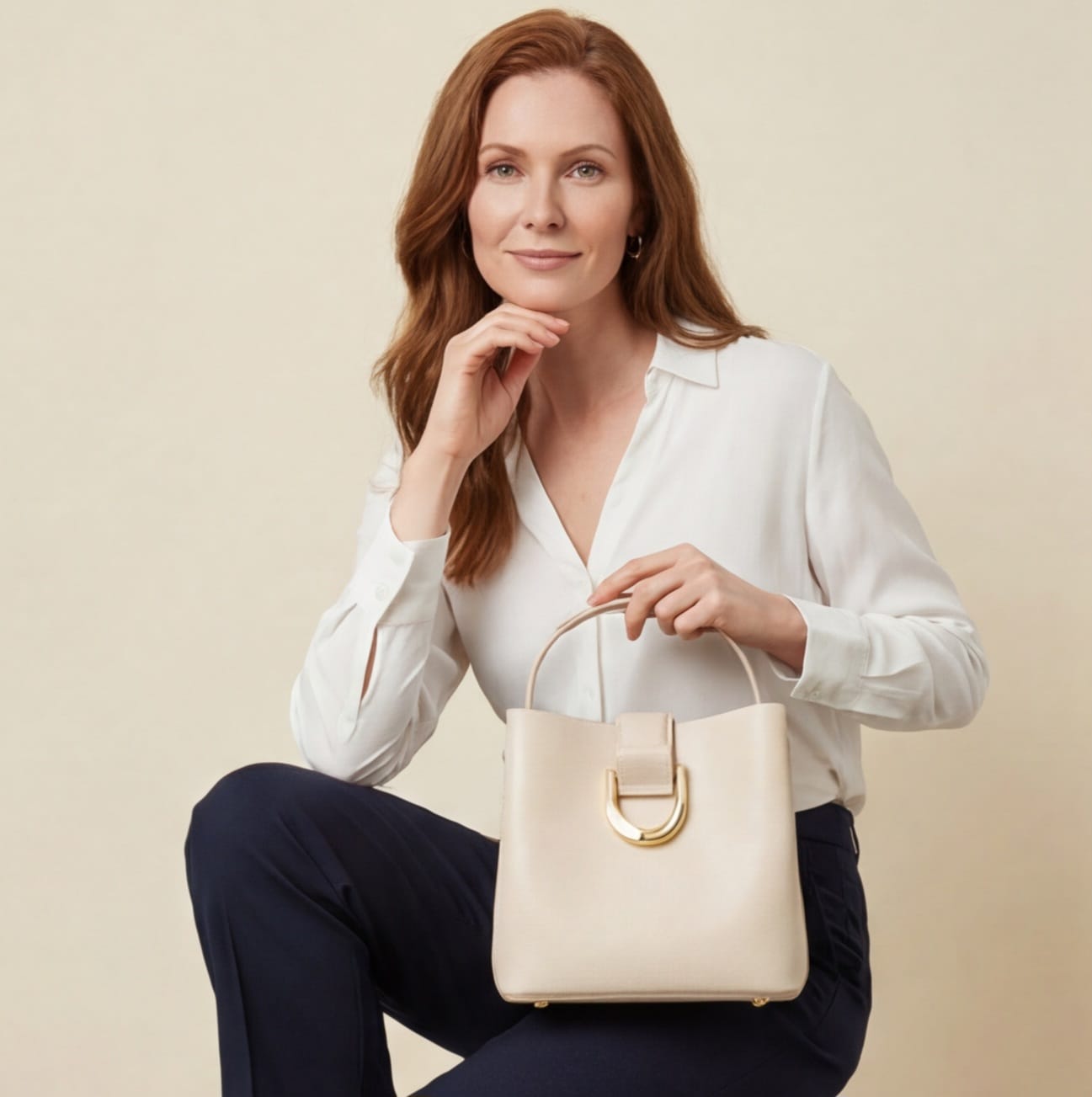Woman holding a beige handbag against a beige background