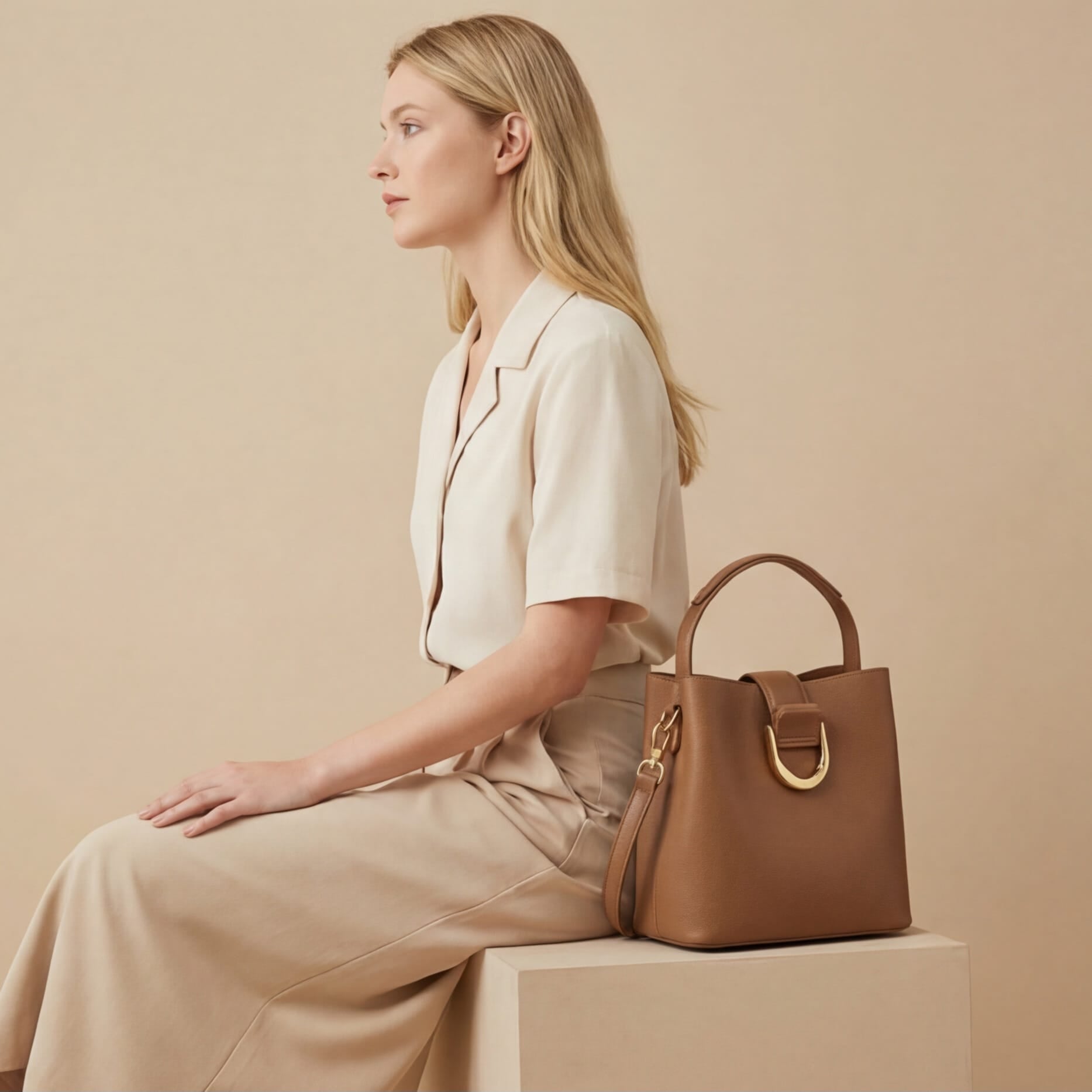 Woman sitting with a brown handbag on a beige background