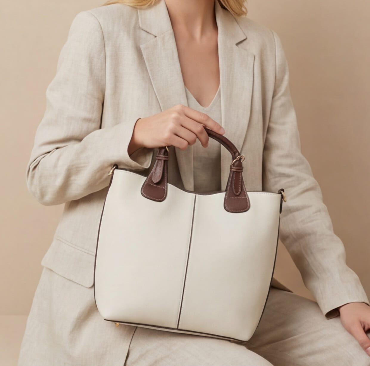 Woman in a beige suit holding a white handbag with brown handles against a beige background