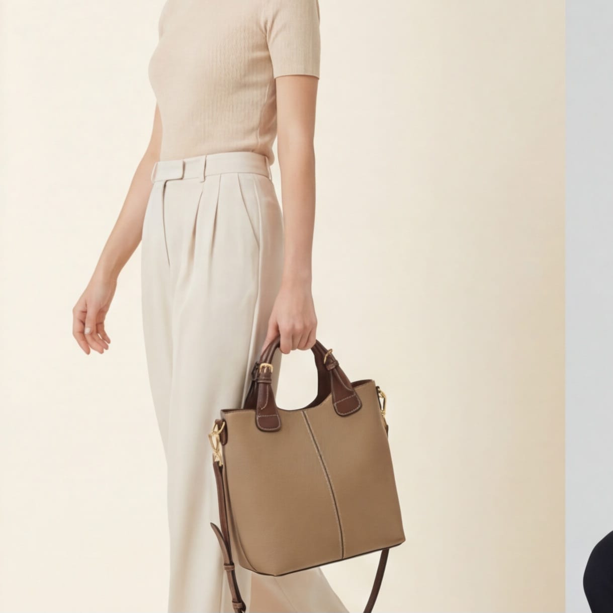 Person holding a beige handbag against a plain background