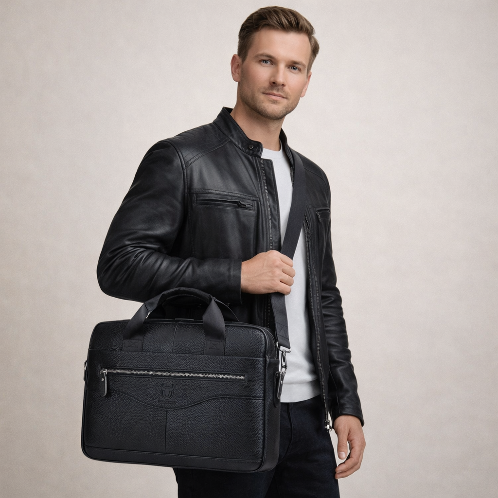 Man holding a black leather briefcase against a plain background