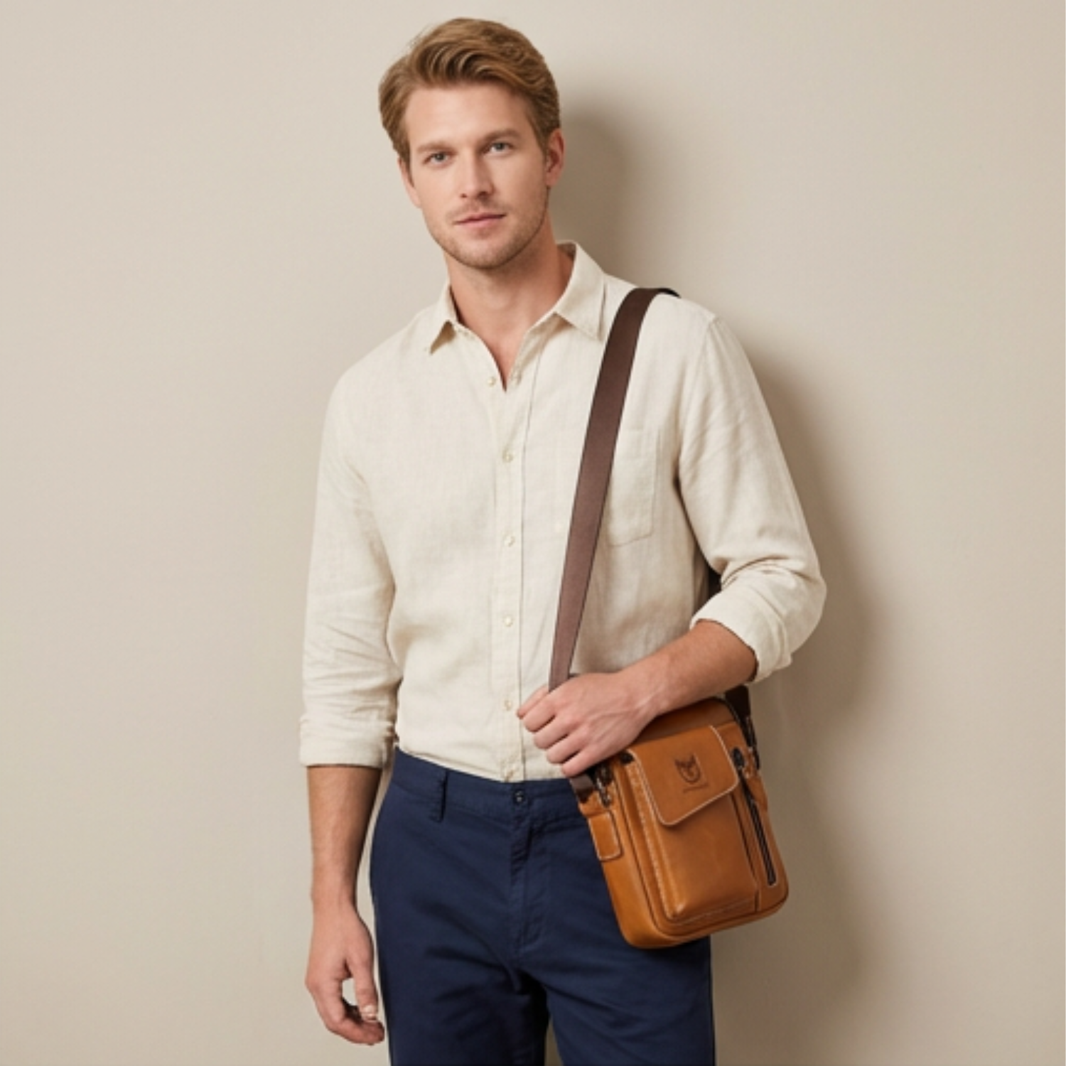 Man holding a brown leather bag against a beige wall