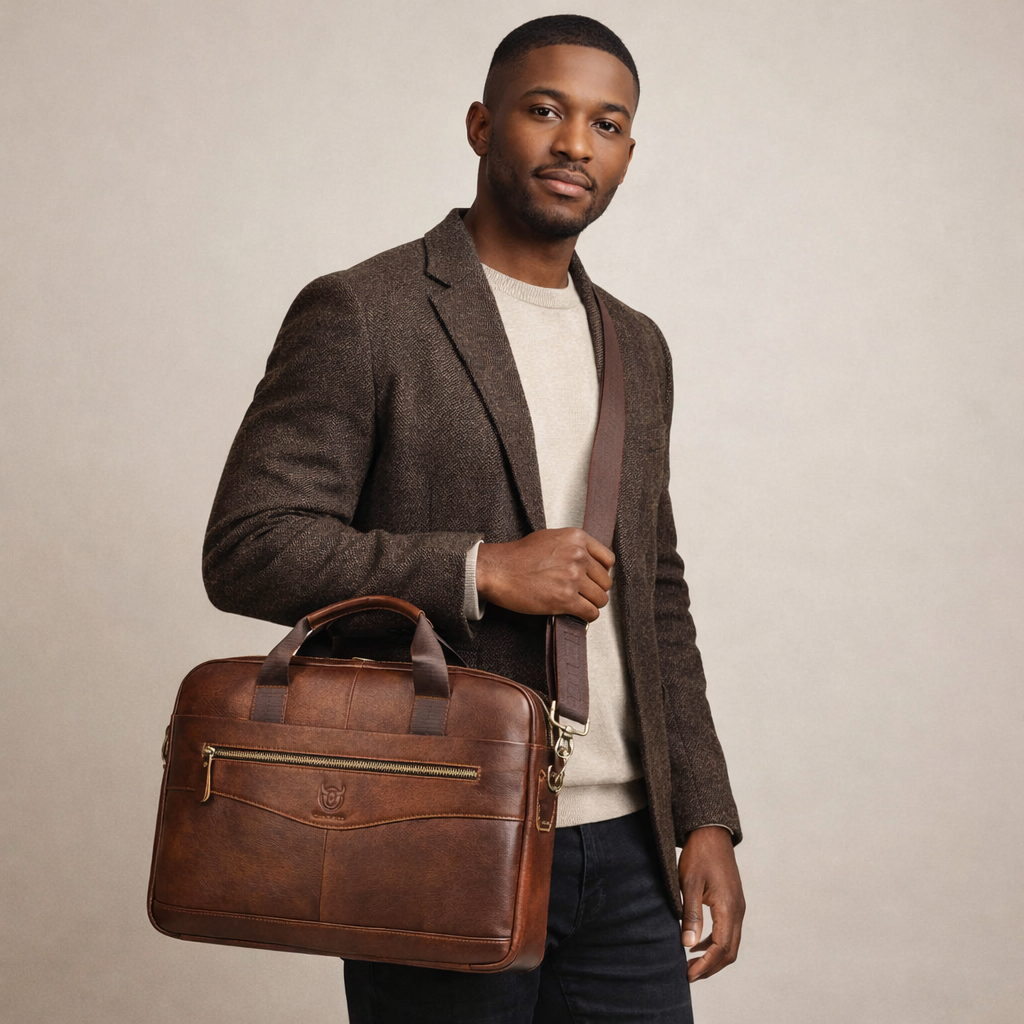 Man holding a brown leather briefcase against a neutral background