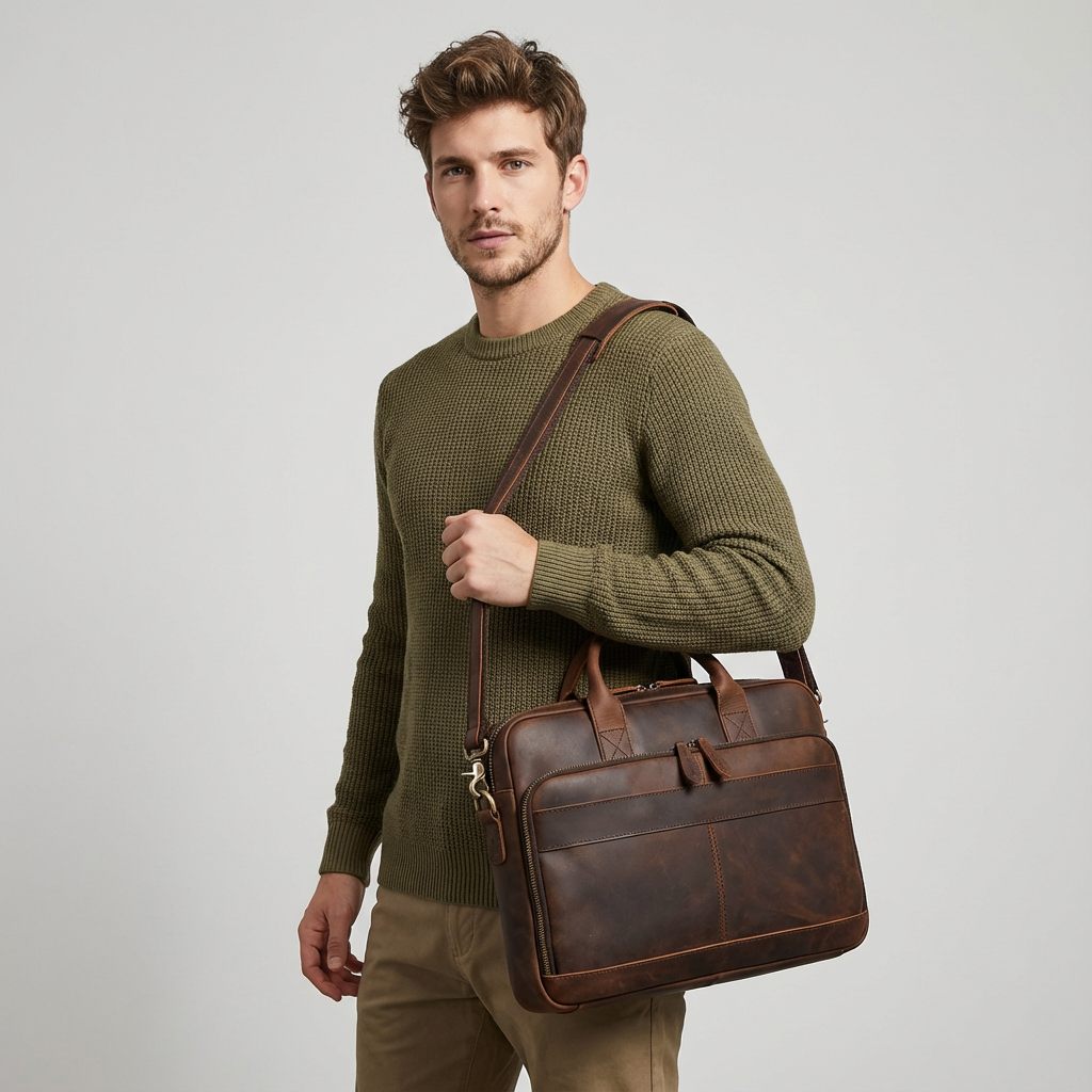Man holding a brown leather briefcase against a plain background