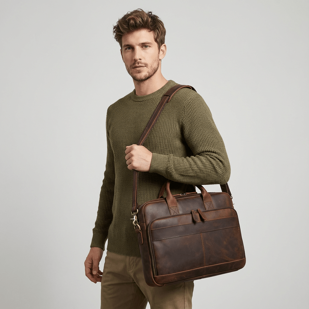Man holding a brown leather briefcase against a plain background