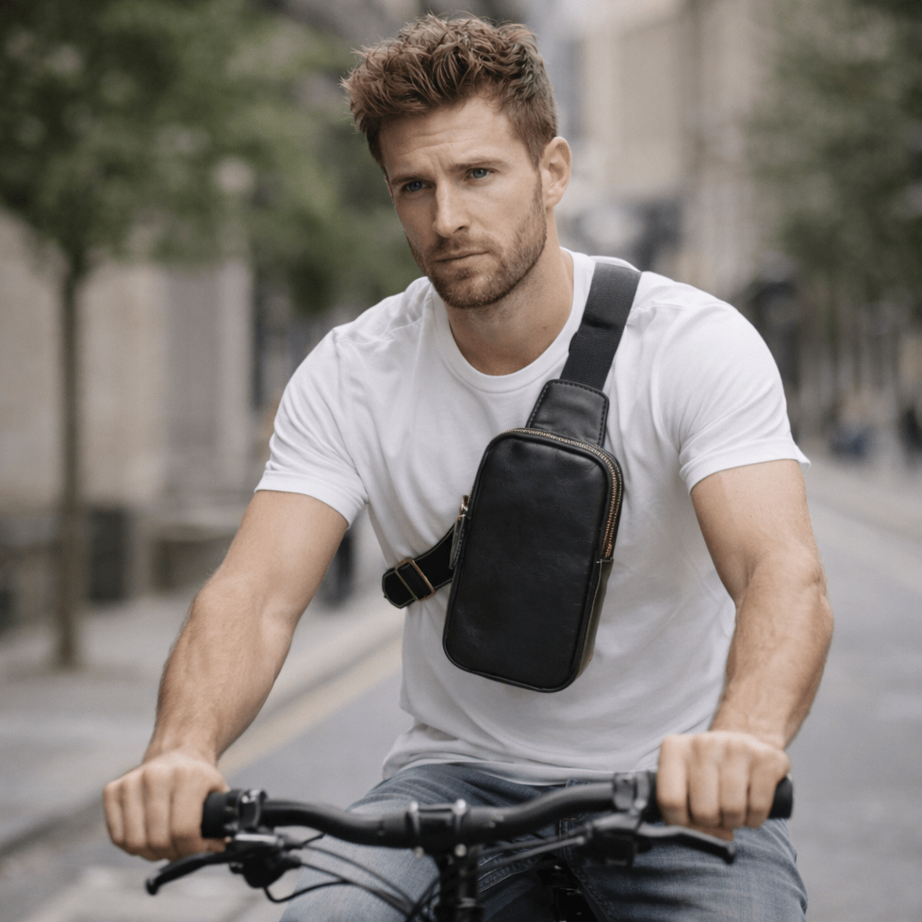 Man riding a bicycle with a black crossbody bag on a city street