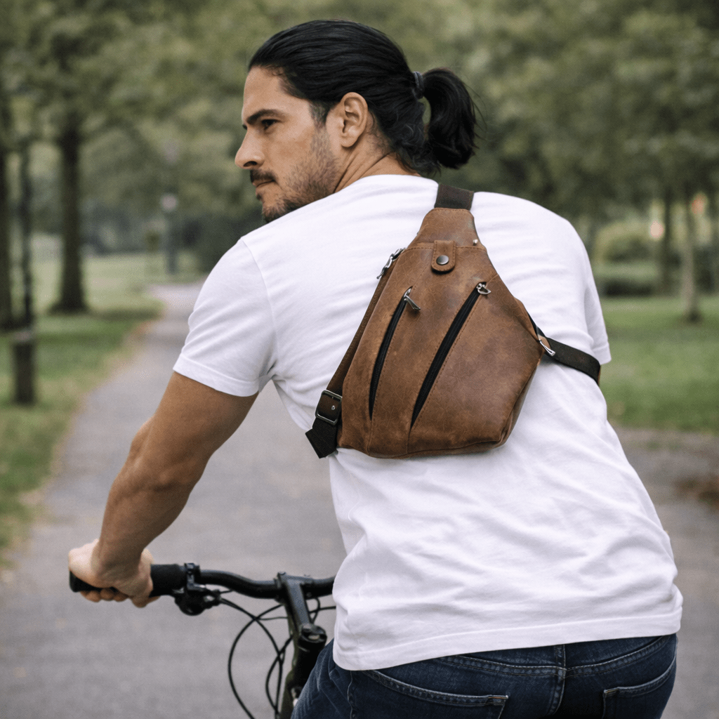 Man riding a bicycle with a brown leather backpack in a park setting