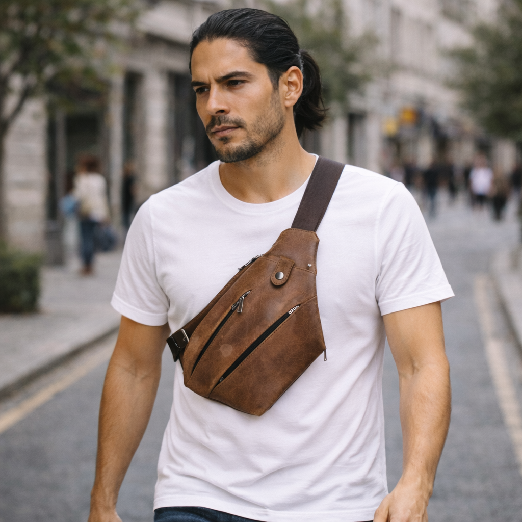 Man wearing a brown leather crossbody bag on a city street