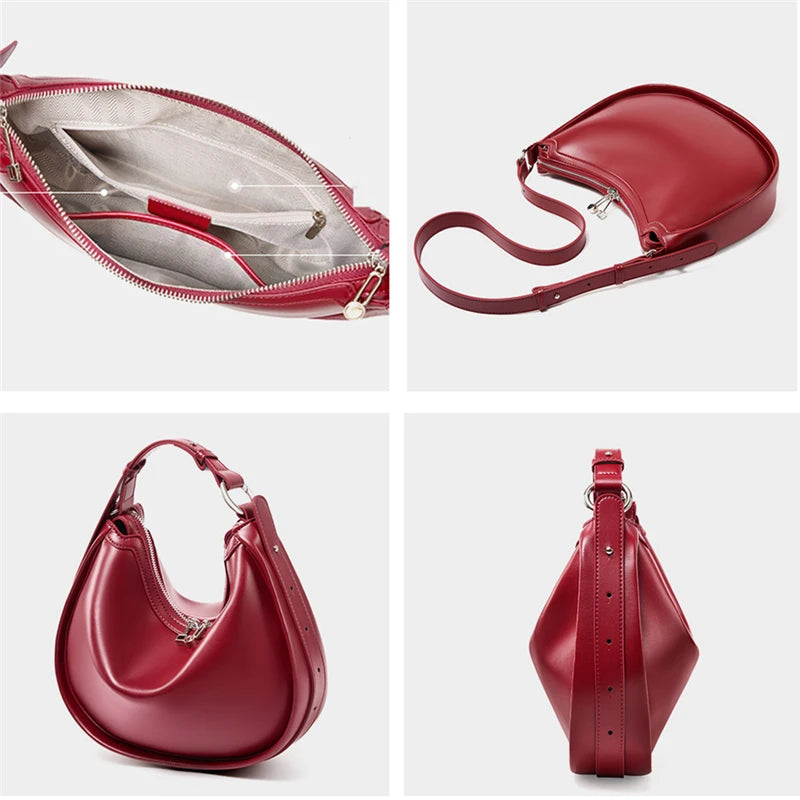 Red handbag shown from multiple angles on a white background
