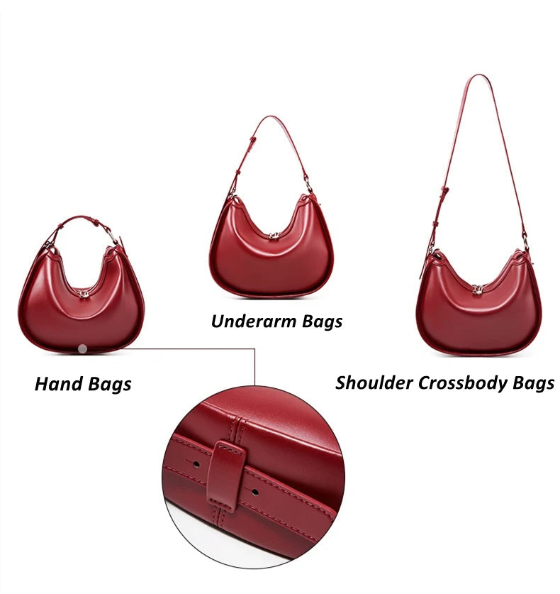 Red handbags displayed in different styles on a white background