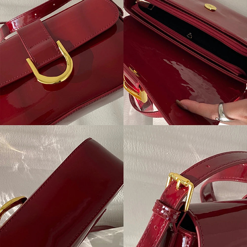 Retro Lackleder Umhängetasche – Elegante Crossbody Handtasche mit goldener Schnalle