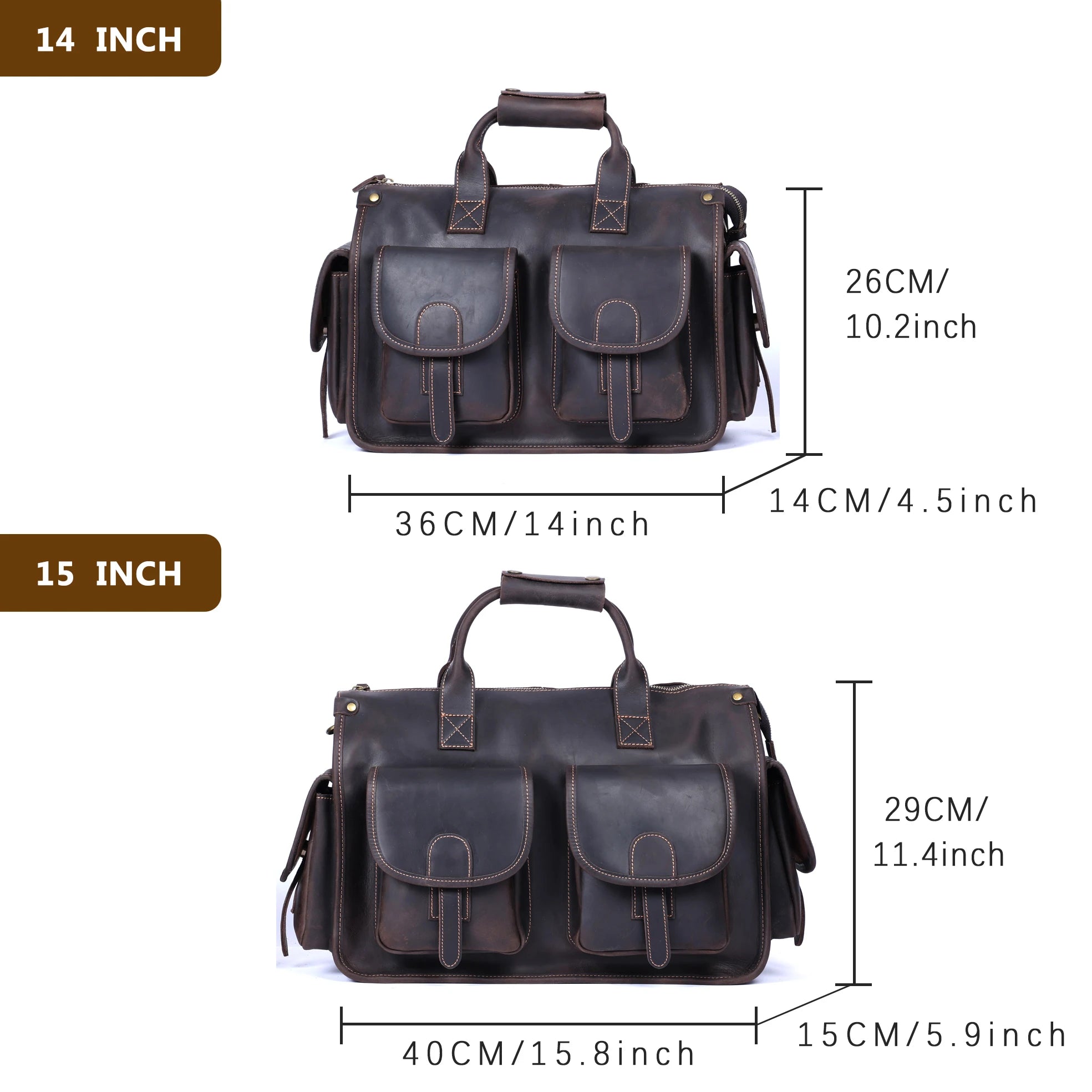 dark brown leather briefcase measurment 14 and 15 inch on a white background