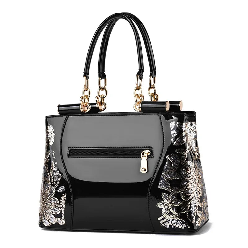 Elegant Floral Embroidery Patent Tote Bag