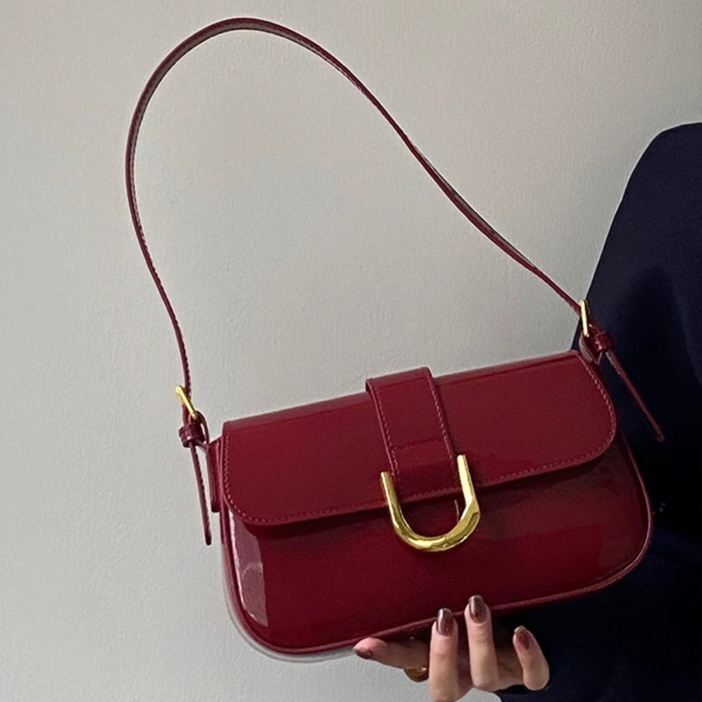 Retro Lackleder Umhängetasche – Elegante Crossbody Handtasche mit goldener Schnalle