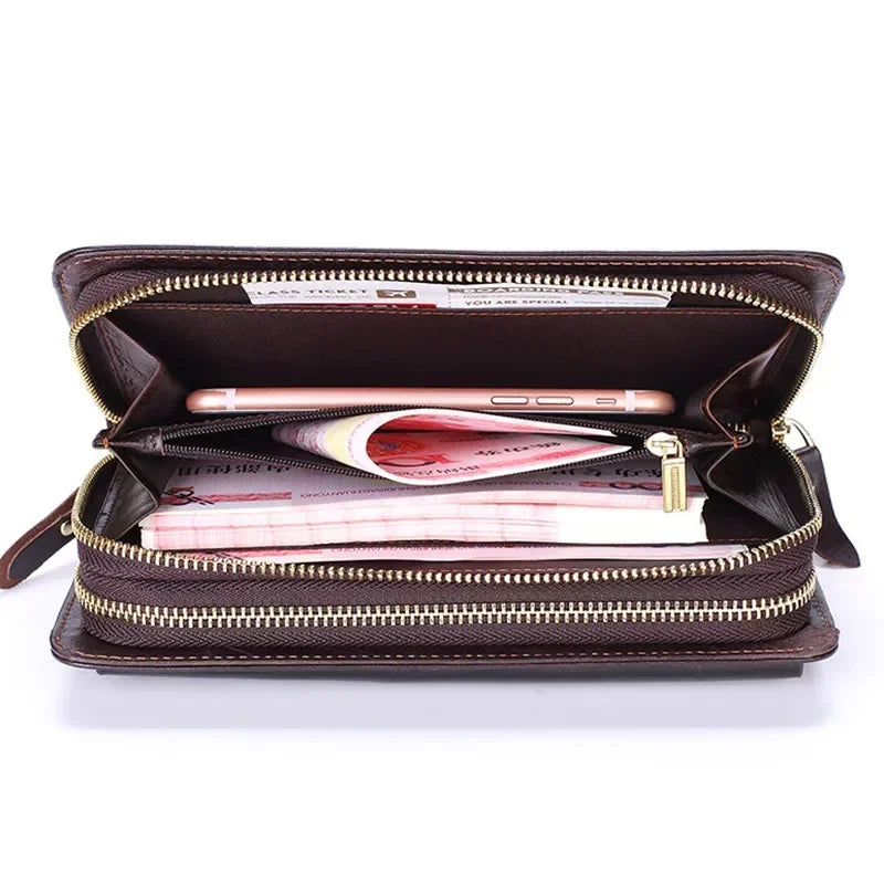 Business Genuine Leather Clutch Wallet Men Long Leather Phone Bag Purse Male Large Size Handy Coin Wallet Card Holder Money Bag
