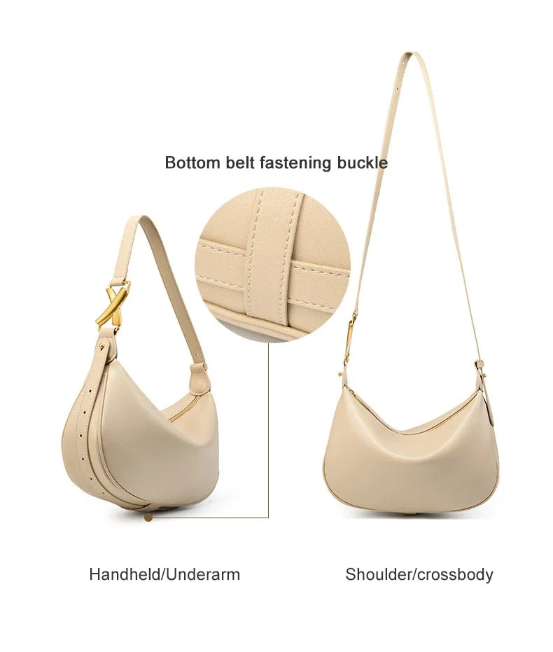 Genuine Leather Crescent Shoulder Bag – Soft Cowhide Hobo Handbag