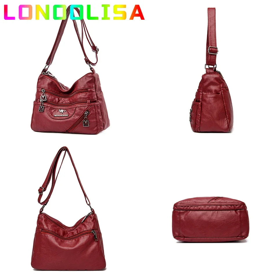 Multi-angle view of the luxury soft leather crossbody bag in dark red, showcasing front, side, and bottom perspectives. Stylish and functional shoulder purse with multiple pockets.