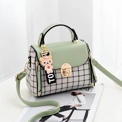 Chic Plaid Pattern Handbag with Charm Accents
