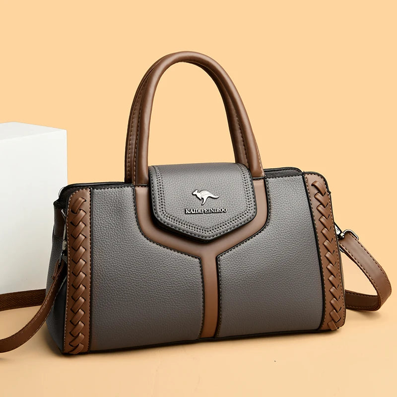 Color-Block Leather Handbag – Large Capacity Shoulder Bag for Women