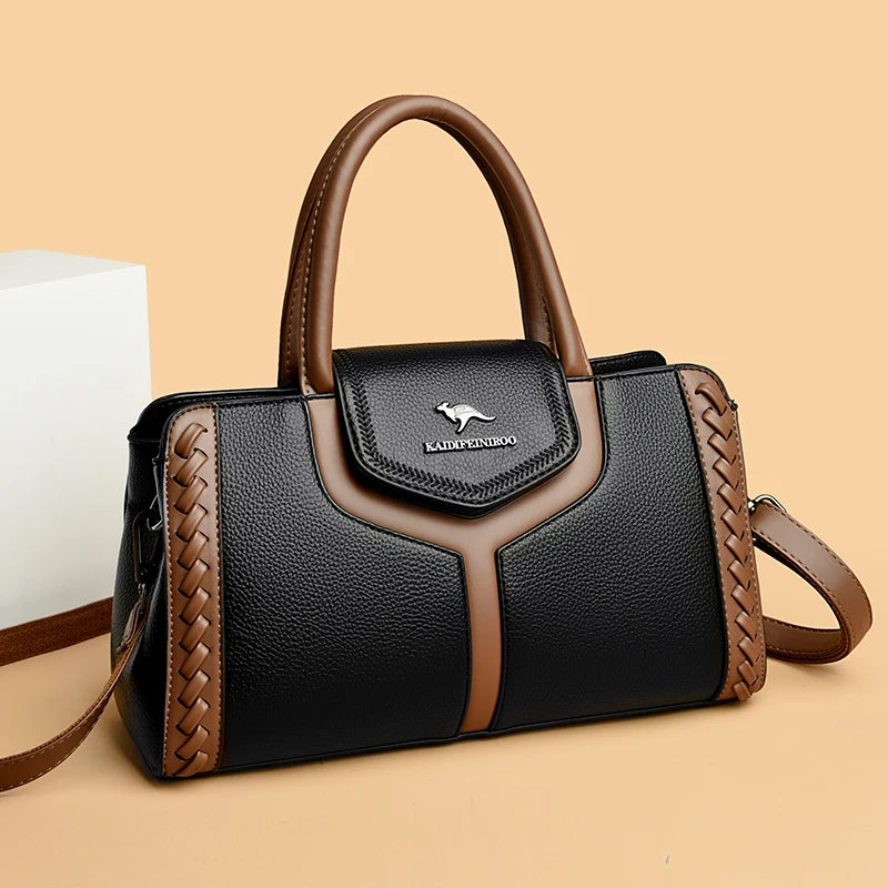 Color-Block Leather Handbag – Large Capacity Shoulder Bag for Women