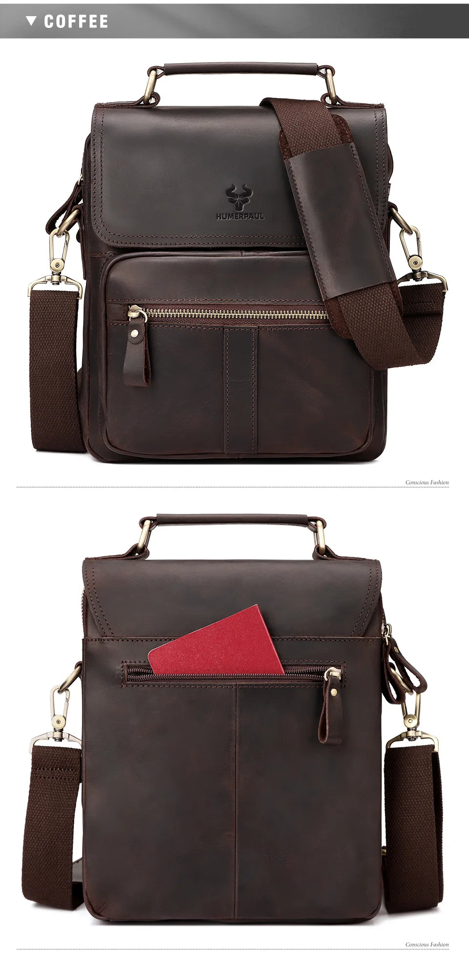 HUMERPAUL Genuine Leather Men's Shoulder Bag Luxury Work Business Messenger Bags Fashion Male Crossbody with Adjustable Straps