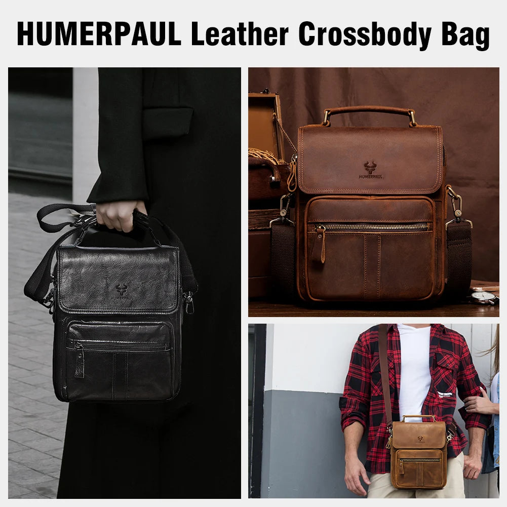 HUMERPAUL Genuine Leather Men's Shoulder Bag Luxury Work Business Messenger Bags Fashion Male Crossbody with Adjustable Straps