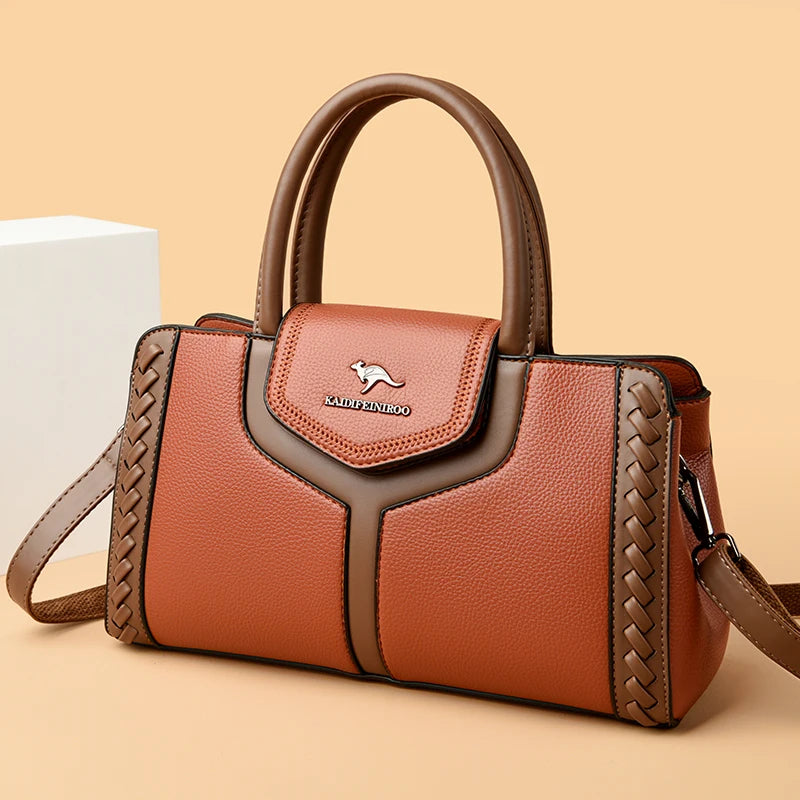 Color-Block Leather Handbag – Large Capacity Shoulder Bag for Women
